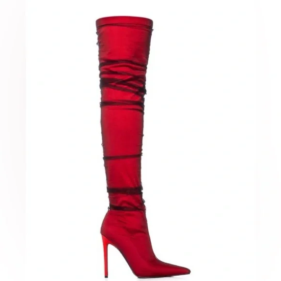 Azalea Wang Red Tulle Covered Thigh High Boots - Picture 2 of 5